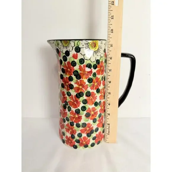 Floral Multi Colored Tall Ceramic Black Handle U Only Blueberry Pitcher - Picture 8 of 9